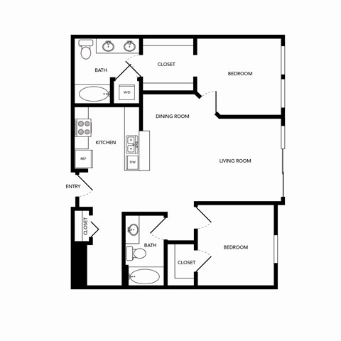 Floor plan for 2 beds, 2 baths, 1047 sqft